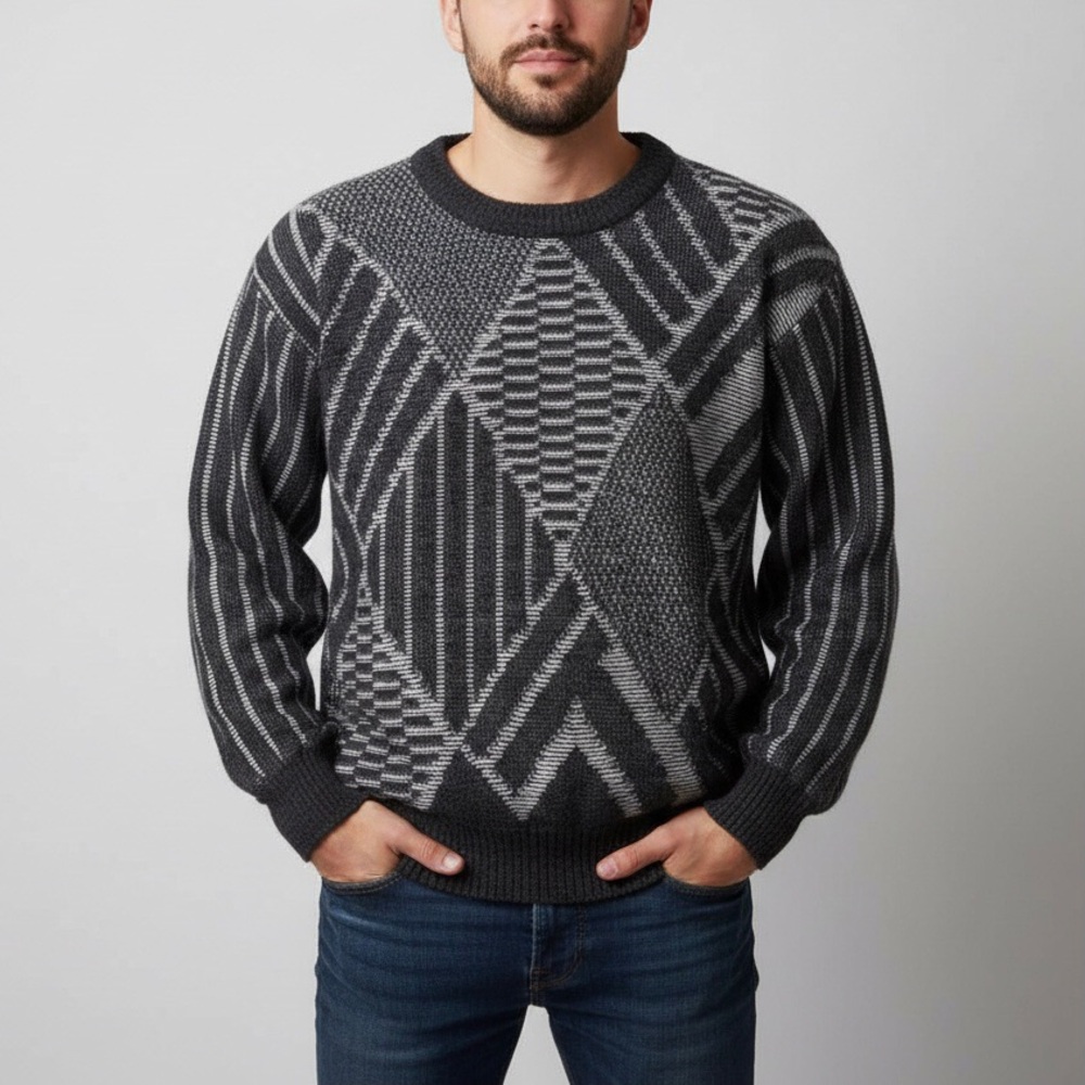 Vtg Expressions Geometric Sweater Medium Black Gray Retro 80s 90s Winter Ski